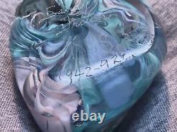 Lot Of 3 Vintage Signed Art Glass Paperweights-Pink Flower, Pink & Teal, Fritch