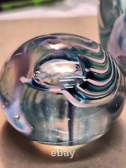 Lot Of 3 Vintage Signed Art Glass Paperweights-Pink Flower, Pink & Teal, Fritch