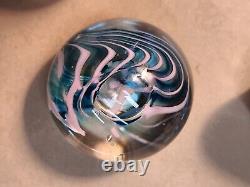 Lot Of 3 Vintage Signed Art Glass Paperweights-Pink Flower, Pink & Teal, Fritch