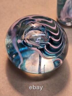 Lot Of 3 Vintage Signed Art Glass Paperweights-Pink Flower, Pink & Teal, Fritch