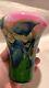 Lotton Art Glass Vase Rosalind Pink /Green Leaf & Vine Signed