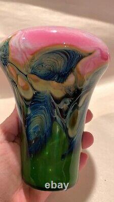 Lotton Art Glass Vase Rosalind Pink /Green Leaf & Vine Signed