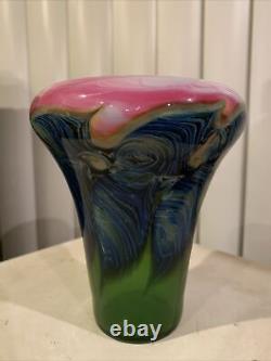 Lotton Art Glass Vase Rosalind Pink /Green Leaf & Vine Signed