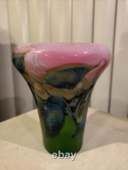 Lotton Art Glass Vase Rosalind Pink /Green Leaf & Vine Signed