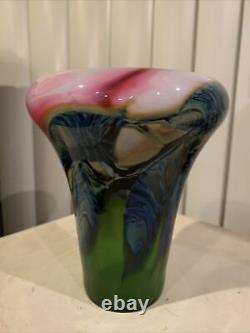 Lotton Art Glass Vase Rosalind Pink /Green Leaf & Vine Signed