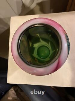 Lotton Art Glass Vase Rosalind Pink /Green Leaf & Vine Signed