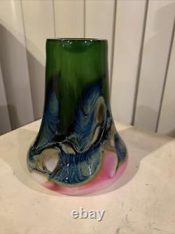 Lotton Art Glass Vase Rosalind Pink /Green Leaf & Vine Signed