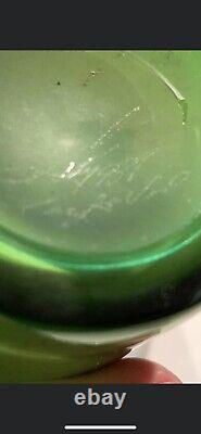 Lotton Art Glass Vase Rosalind Pink /Green Leaf & Vine Signed