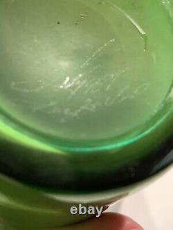 Lotton Art Glass Vase Rosalind Pink /Green Leaf & Vine Signed