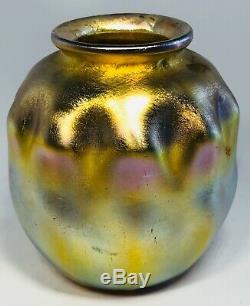 Louis Comfort Tiffany Favrile Gold & Pink Iridescent Wave Glass Vase Signed 3.5
