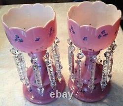 Lovely Decorated Pink Bristol Glass Victorian Lusters Lustres