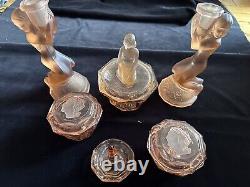 Lovely Engraved Pink Glass Art Deco Vanity Dressing Table Set Walther Sohne