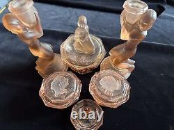 Lovely Engraved Pink Glass Art Deco Vanity Dressing Table Set Walther Sohne