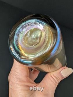 Lundberg Studios Iridescent Art Glass Vase 7 H Gold & Pink Signed 2002 Vintage