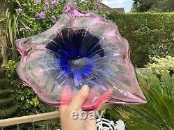 MCM Art Glass PINK BLUE HEART SHAPE DISH CENTREPIECE J Hospodska Chribska 11