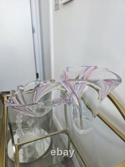 MCM Art Glass Set Pink Purple Sommerso Hand Blown Scalloped Vase & Fruit Bowl