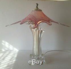 MID Century Modern Murano Art Glass Table Lamp With Pink Shade And Clear Base