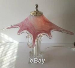 MID Century Modern Murano Art Glass Table Lamp With Pink Shade And Clear Base