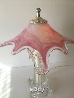 MID Century Modern Murano Art Glass Table Lamp With Pink Shade And Clear Base