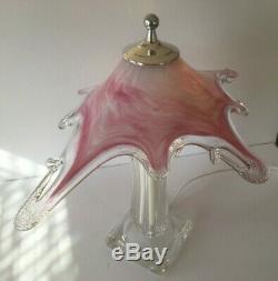 MID Century Modern Murano Art Glass Table Lamp With Pink Shade And Clear Base