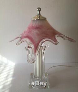 MID Century Modern Murano Art Glass Table Lamp With Pink Shade And Clear Base