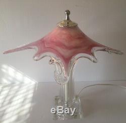 MID Century Modern Murano Art Glass Table Lamp With Pink Shade And Clear Base