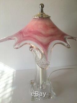 MID Century Modern Murano Art Glass Table Lamp With Pink Shade And Clear Base