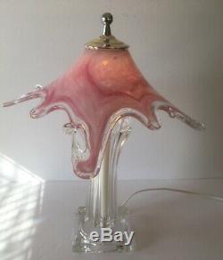 MID Century Modern Murano Art Glass Table Lamp With Pink Shade And Clear Base