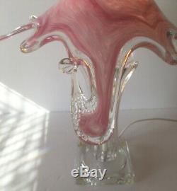 MID Century Modern Murano Art Glass Table Lamp With Pink Shade And Clear Base