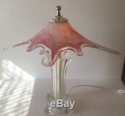 MID Century Modern Murano Art Glass Table Lamp With Pink Shade And Clear Base