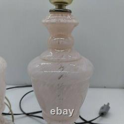 MURANO GLASS Pair Mottled Pink White Table Lamps Brass Base Vintage 12