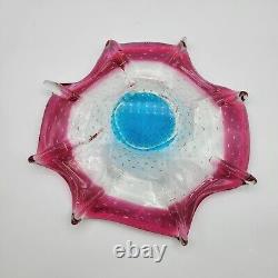 MURANO Italy Centerpiece Art Glass Dish Pink Turquoise Bullicante