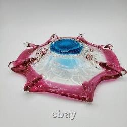 MURANO Italy Centerpiece Art Glass Dish Pink Turquoise Bullicante