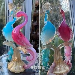 MURANO SEGUSO BARBINI TWIN PARADISE BIRDS Glass BLUE PINK Opalescent GOLD 14