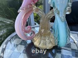 MURANO SEGUSO BARBINI TWIN PARADISE BIRDS Glass BLUE PINK Opalescent GOLD 14