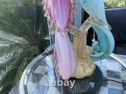 MURANO SEGUSO BARBINI TWIN PARADISE BIRDS Glass BLUE PINK Opalescent GOLD 14