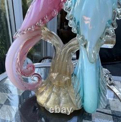 MURANO SEGUSO BARBINI TWIN PARADISE BIRDS Glass BLUE PINK Opalescent GOLD 14