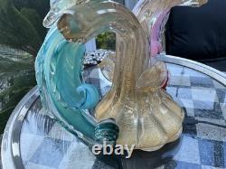 MURANO SEGUSO BARBINI TWIN PARADISE BIRDS Glass BLUE PINK Opalescent GOLD 14