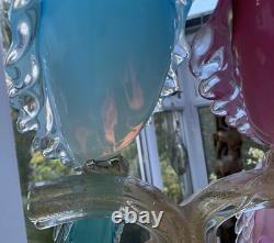 MURANO SEGUSO BARBINI TWIN PARADISE BIRDS Glass BLUE PINK Opalescent GOLD 14