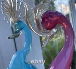 MURANO SEGUSO BARBINI TWIN PARADISE BIRDS Glass BLUE PINK Opalescent GOLD 14