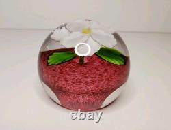 Mayauel Ward White Flower Art Glass Paperweight Clear & Pink Signed & Dated 2005