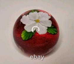 Mayauel Ward White Flower Art Glass Paperweight Clear & Pink Signed & Dated 2005