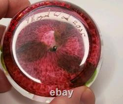 Mayauel Ward White Flower Art Glass Paperweight Clear & Pink Signed & Dated 2005