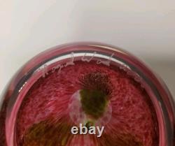 Mayauel Ward White Flower Art Glass Paperweight Clear & Pink Signed & Dated 2005