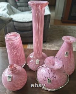Mdina Glass VINTAGE & RARE SET of 5 Pc Mottled Pink Swirl Art Glass Vases 1970's