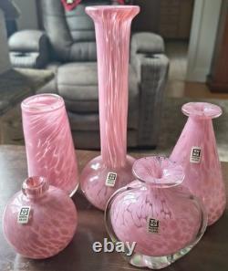Mdina Glass VINTAGE & RARE SET of 5 Pc Mottled Pink Swirl Art Glass Vases 1970's