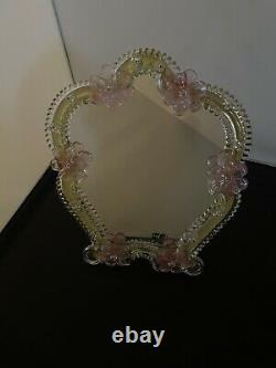 Mid 20th Century Venetian Murano Glass Table or Wall Vanity Mirror Pink Flowers