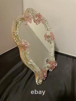 Mid 20th Century Venetian Murano Glass Table or Wall Vanity Mirror Pink Flowers