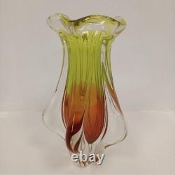 Mid Century Vibrant green & pink art glass Chribska sommerso vase