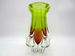 Mid Century Vibrant green & pink art glass Chribska sommerso vase